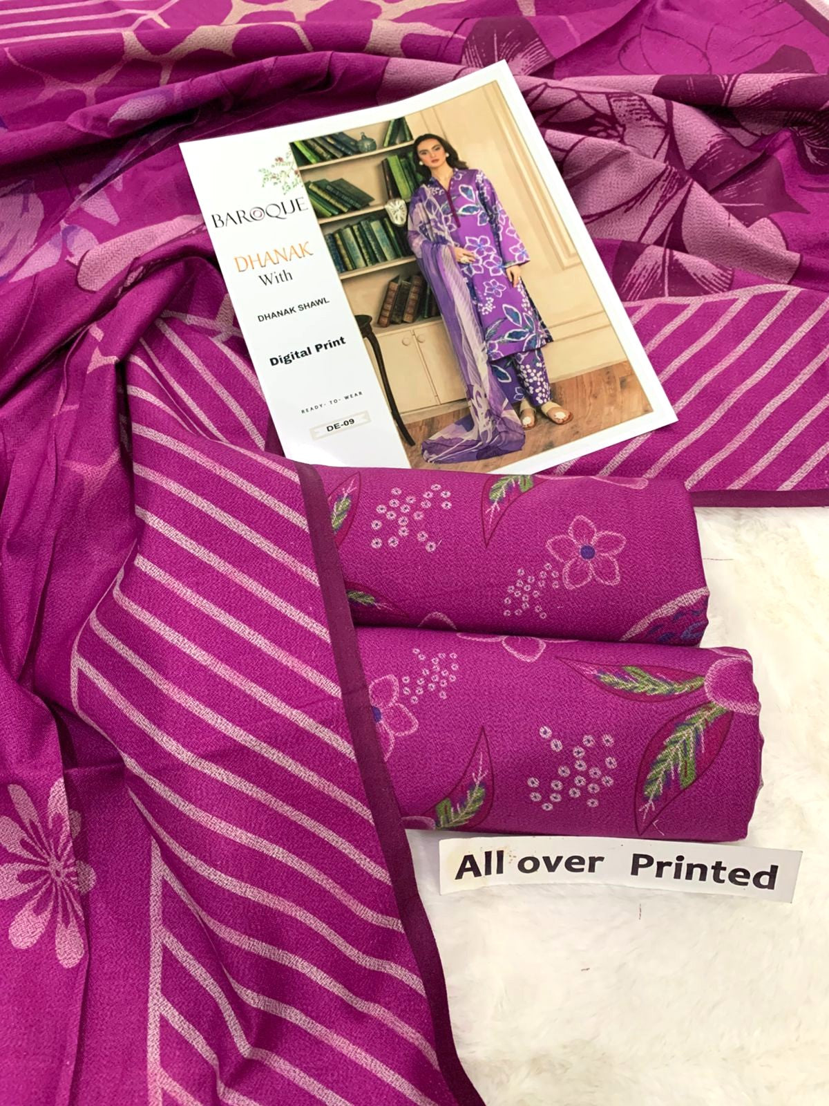 All Over Printed 3PC Unstitched With Printed Shawl- P113