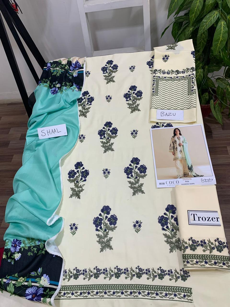 EMB 3PC Unstitched Winter Dress With Pashmina Printed Shawl- DE-132