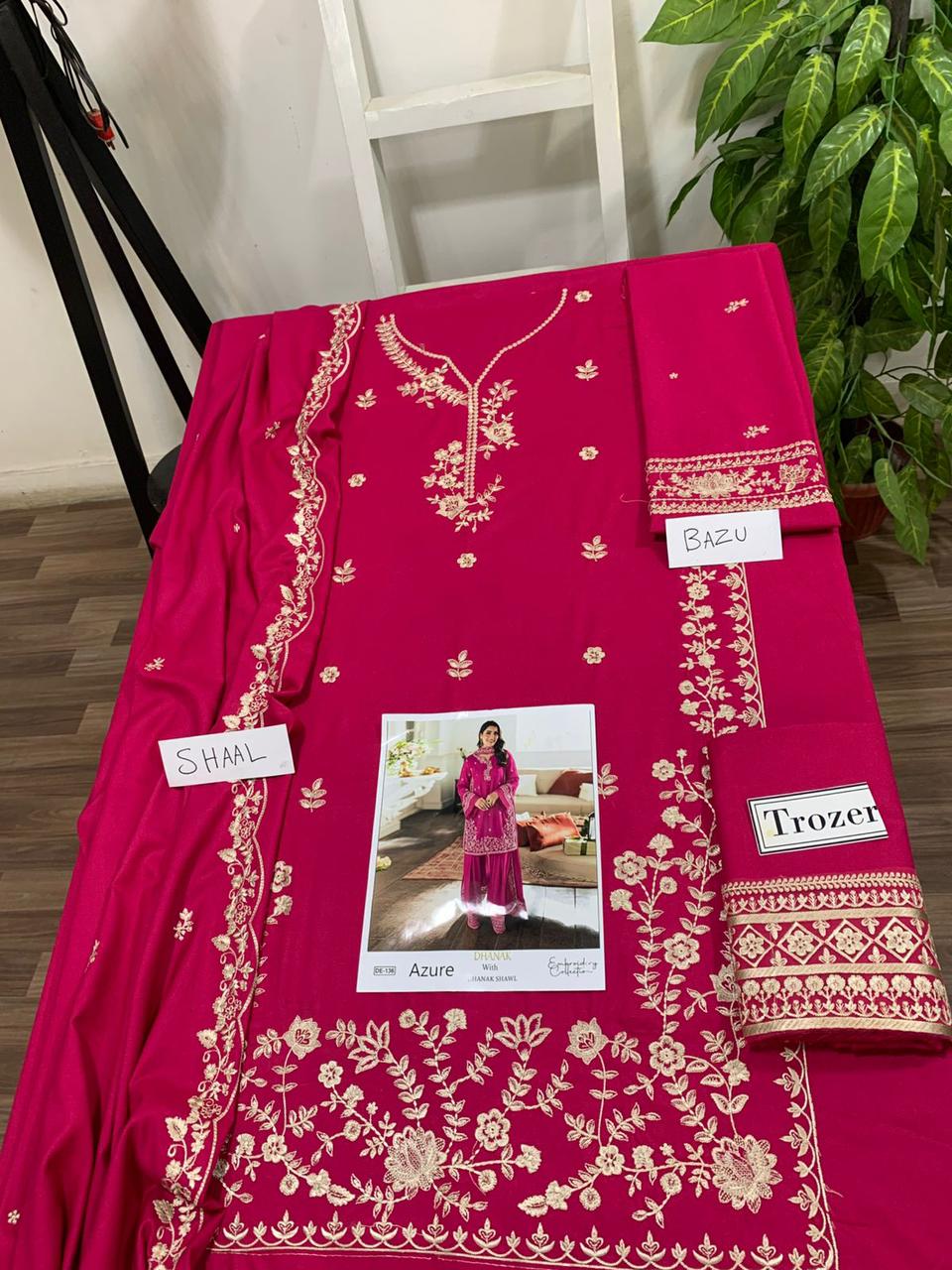 EMB 3PC Dhanak Unstitched Winter Dress With EMB Shawl- DE-136PK