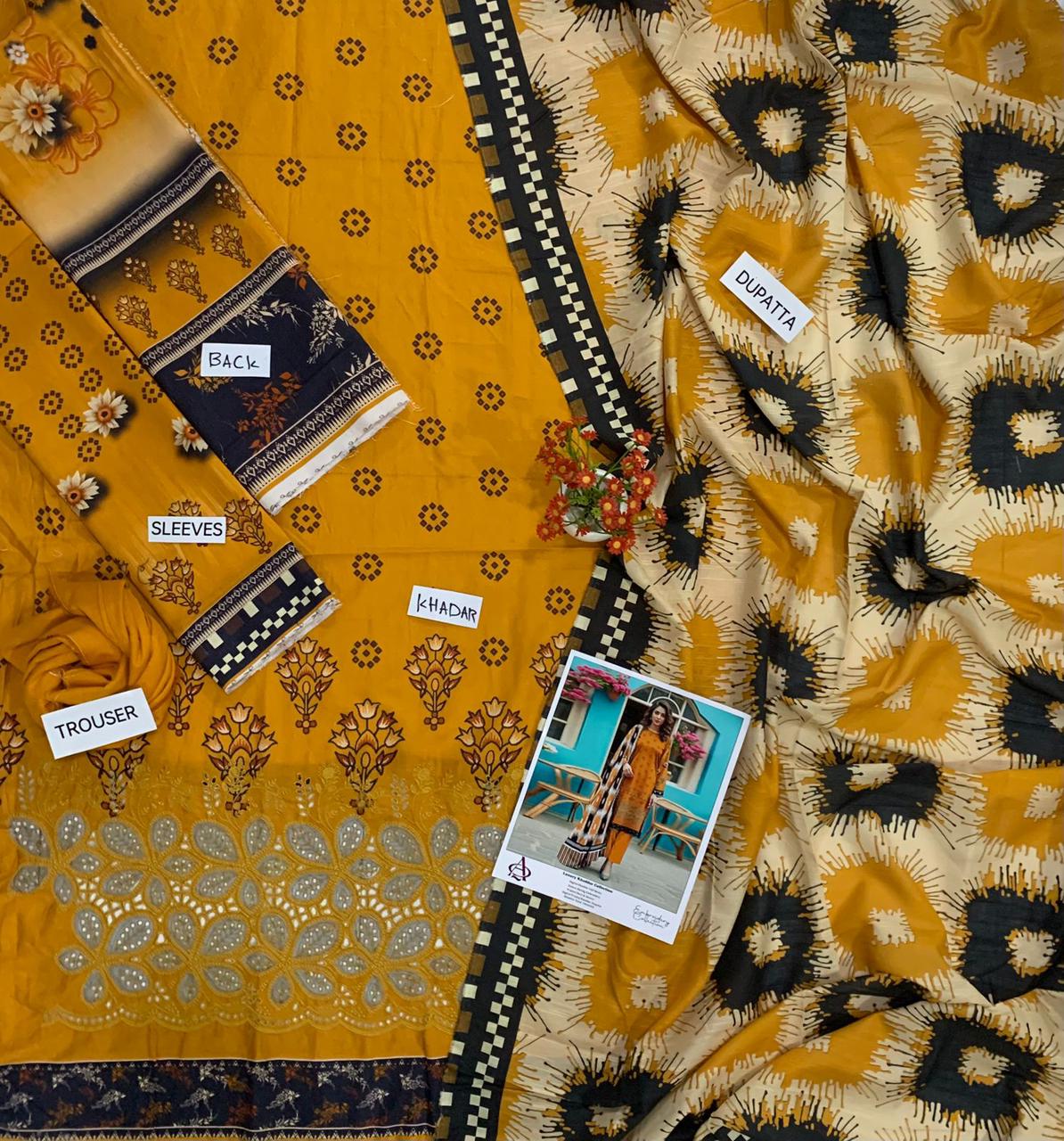 Khaddar 3PC Printed Chicken Kari Dress With Printed Shawl- KH-4