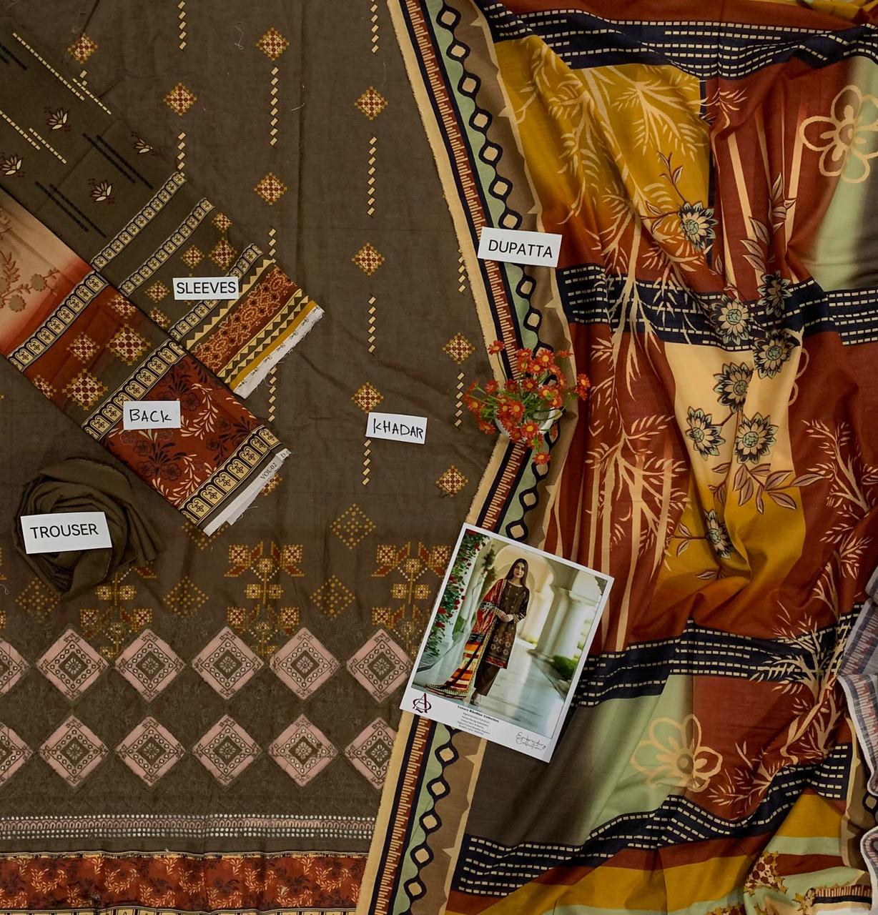 Khaddar 3PC Printed Chicken Kari Dress With Printed Shawl- KH-2