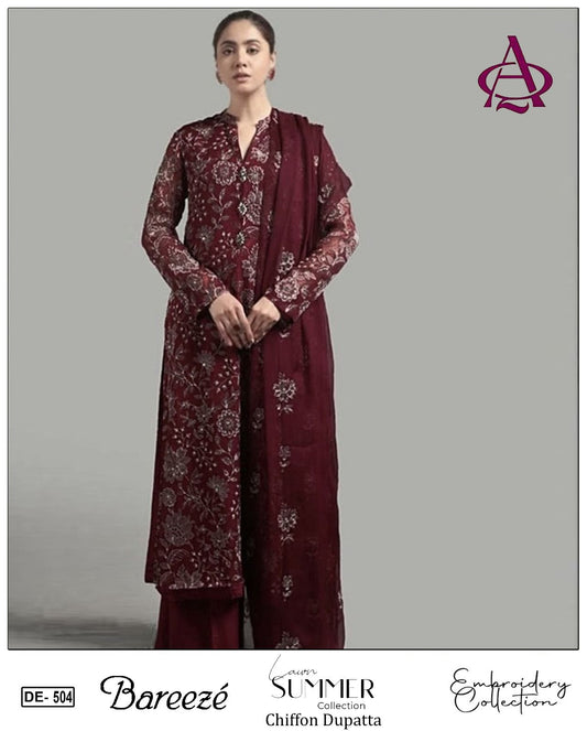 Emb 3PC Lawn Summer Dress With Emb Chiffon Dupatta - DE-504