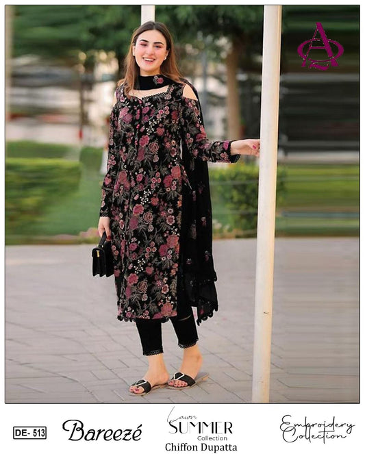 Emb 3PC Lawn Summer Dress With Emb Bamber Chiffon Dupatta - DE-513