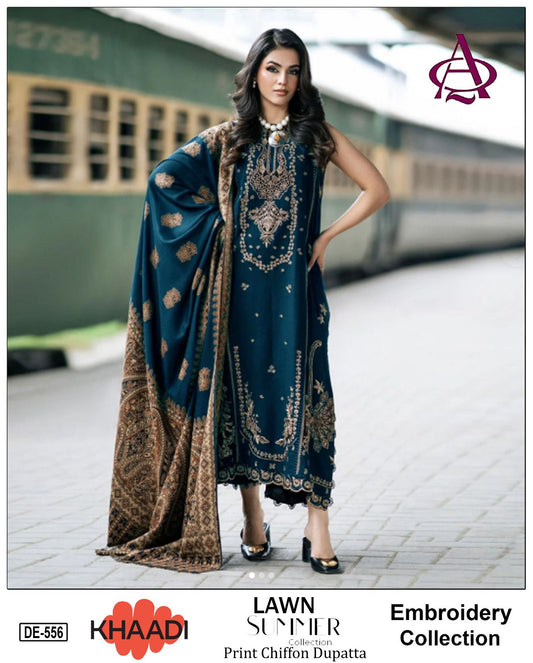 Emb 3PC Lawn Summer Dress With Silk Printed Dupatta - DE-556