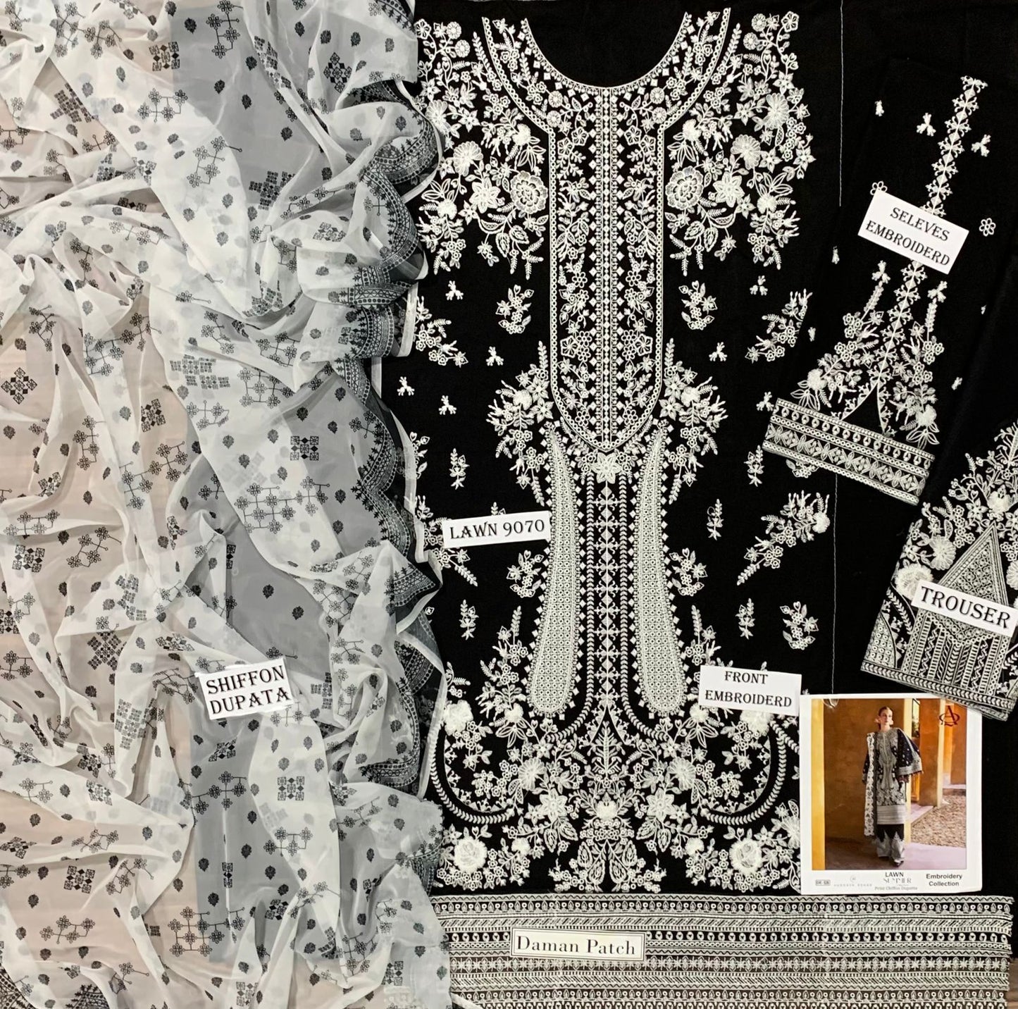 Emb 3PC Lawn Unstitched Summer Dress With Printed Silk Dupatta - DE-526