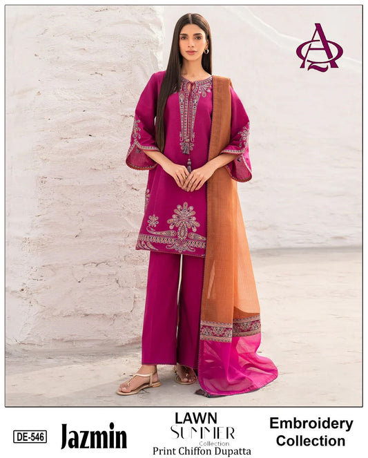 Emb 3PC Lawn Summer Dress With Silk Printed Dupatta - DE-546