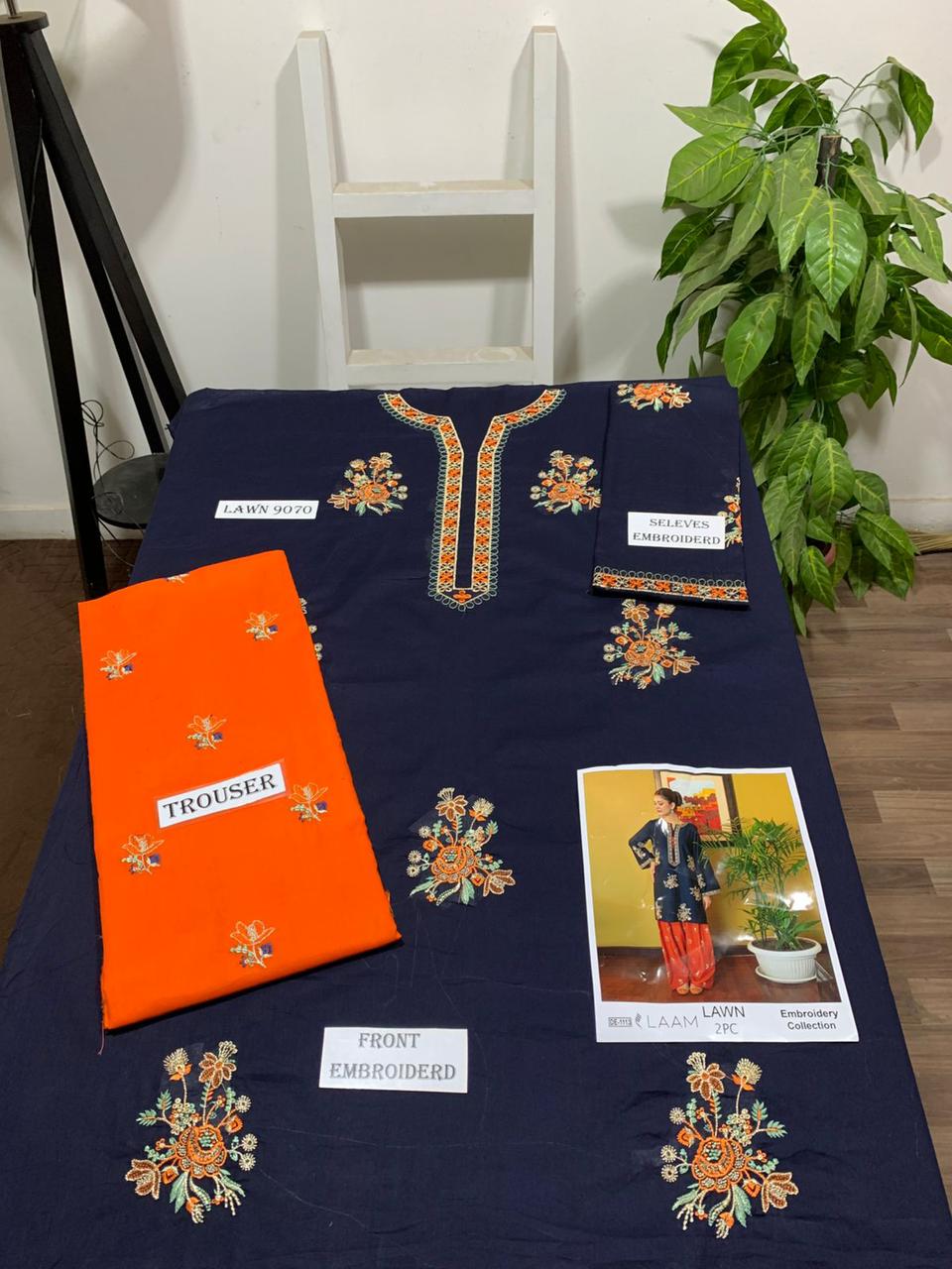 Embroidered 2Pc Lawn Unstitched Summer Dress - DE-1113OR