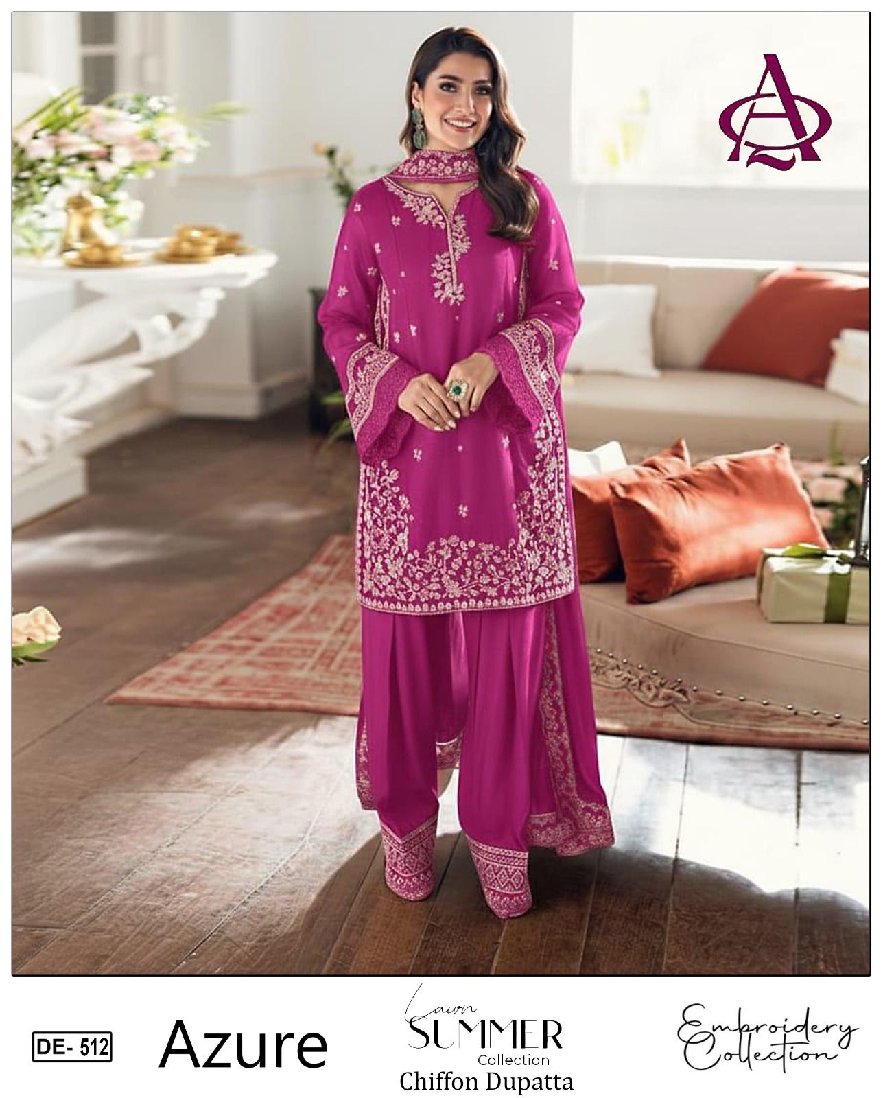 3 Piece - Embroidered Lawn Suit With Embroidered Chiffon Dupatta DE-512