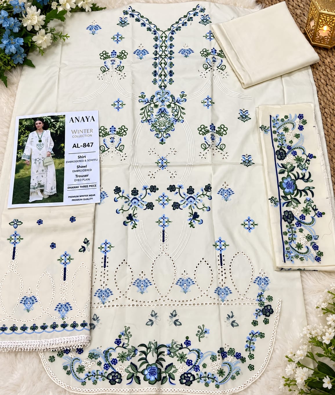 3-Piece Anaya Premium Embroidered Dhanak Suit AL-847