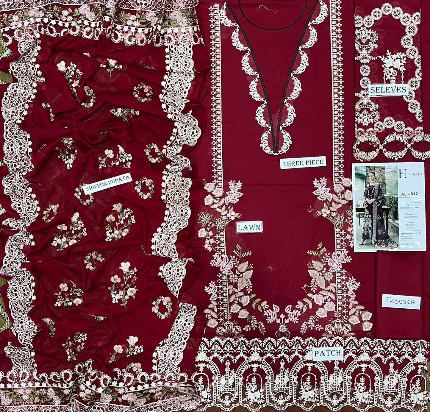 3 Piece - Embroidered Lawn Suit With Chiffon Emb Dupatta AL-812