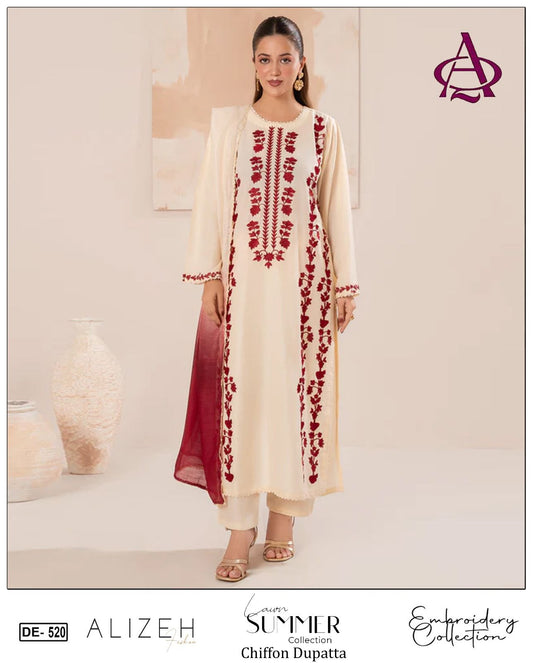 3 Piece - Embroidered Lawn Suit With Printed Chiffon Dupatta