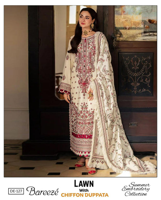 3 Piece - Embroidered Lawn Suit With Chiffon Dupatta