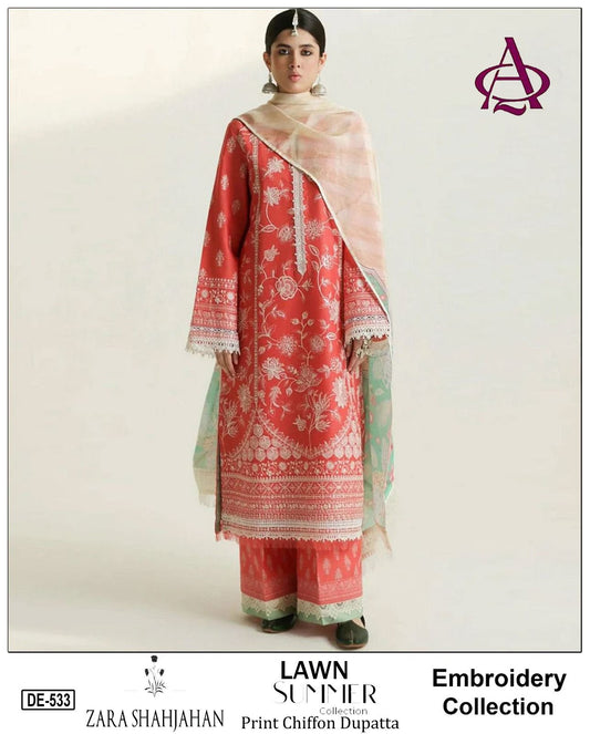 3 Piece - Embroidered Lawn Suit With Printed Chiffon Dupatta DE-533
