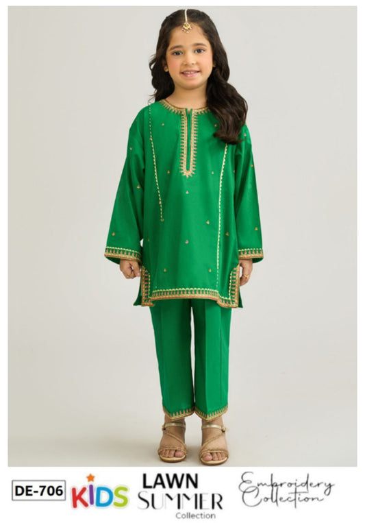 Kids 3PC Embroidered Summer Dress With Net Dupatta - Unstitched - DE-706