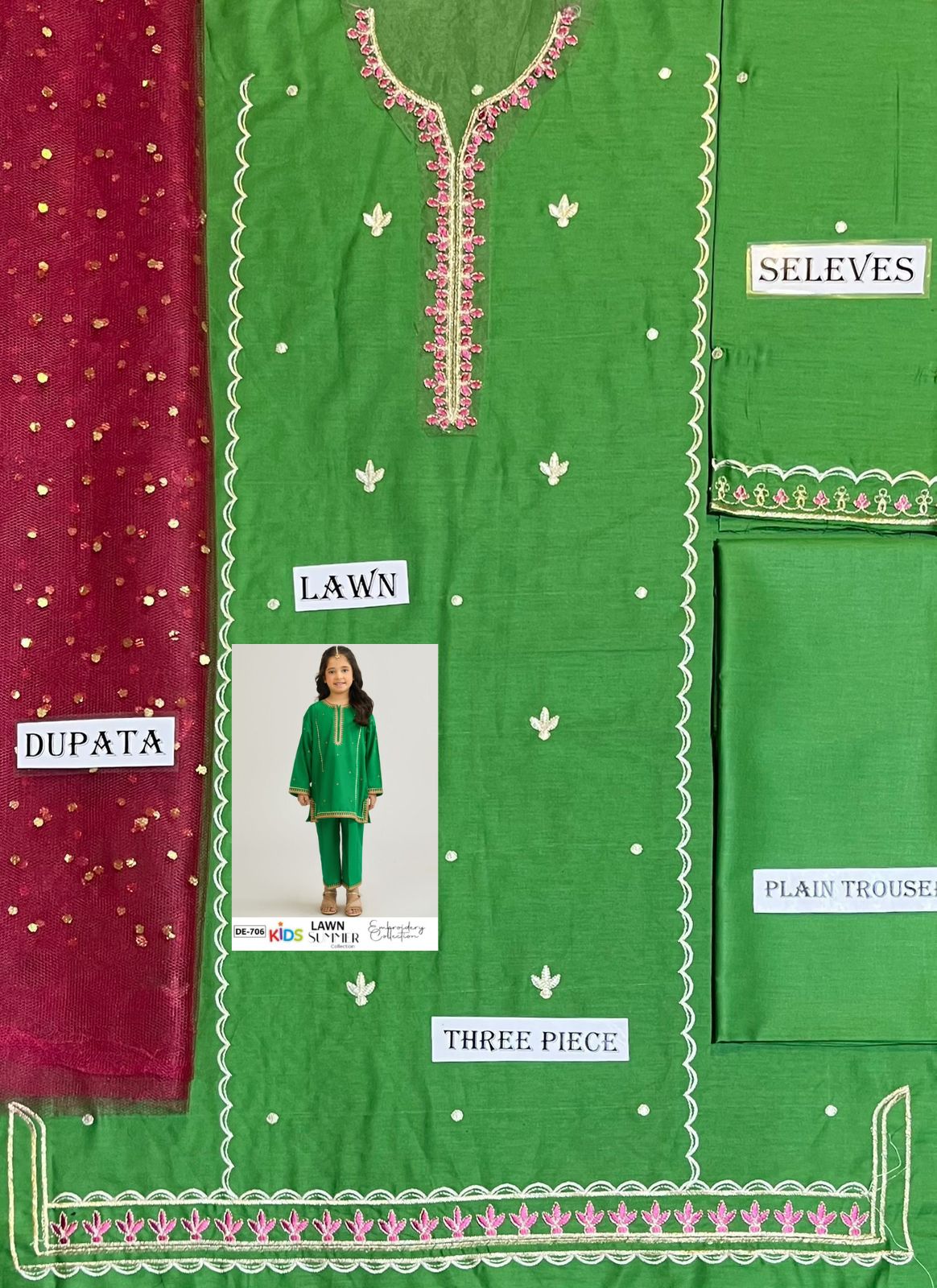 Kids 3PC Embroidered Summer Dress With Net Dupatta - Unstitched - DE-706