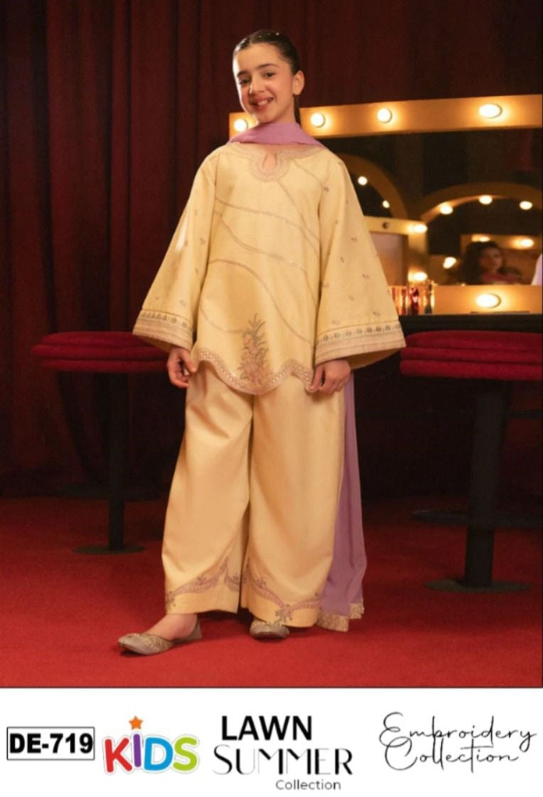 Kids 3PC Embroidered Summer Dress With Net Dupatta - Unstitched - DE-719