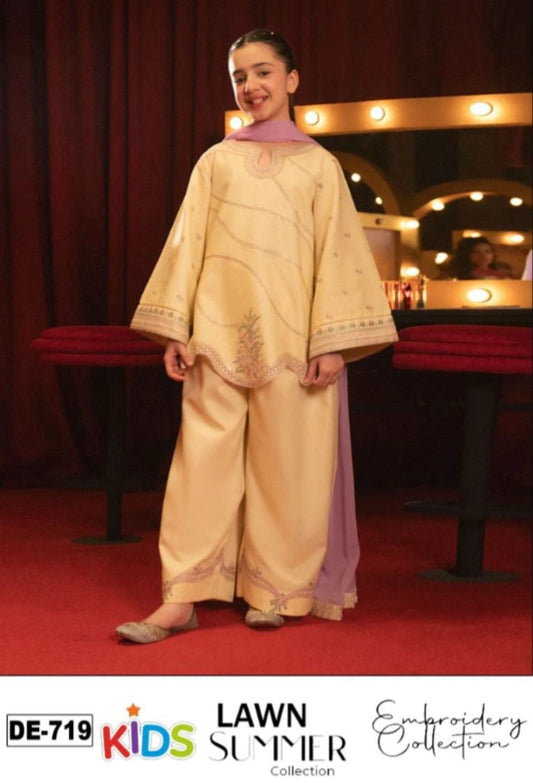 Kids 3PC Embroidered Summer Dress With Net Dupatta - Unstitched - DE-719