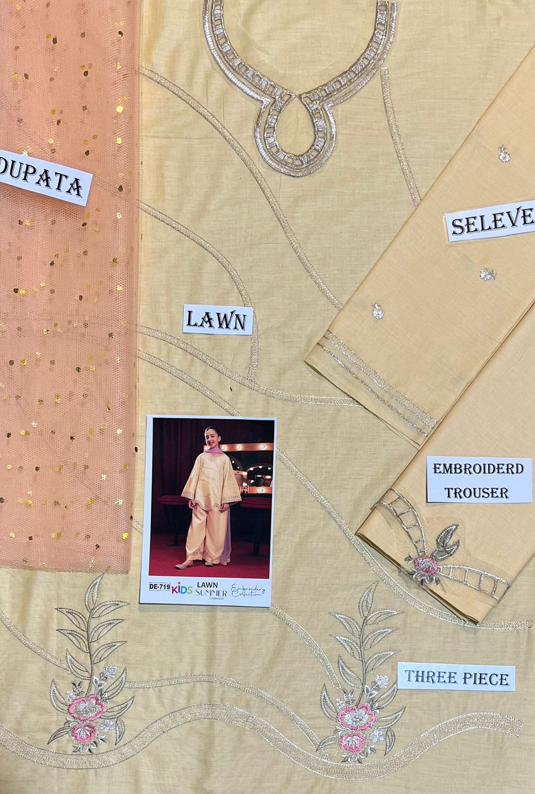 Kids 3PC Embroidered Summer Dress With Net Dupatta - Unstitched - DE-719