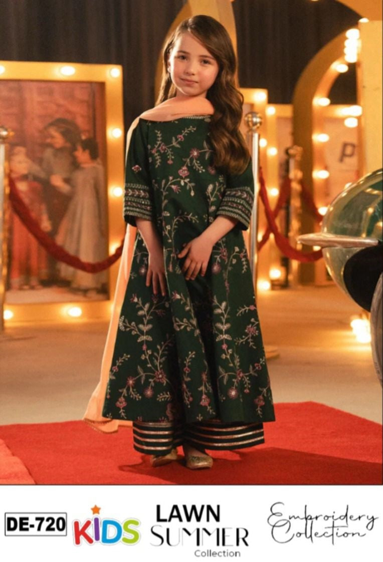 Kids 3PC Embroidered Summer Dress With Net Dupatta - Unstitched - DE-720