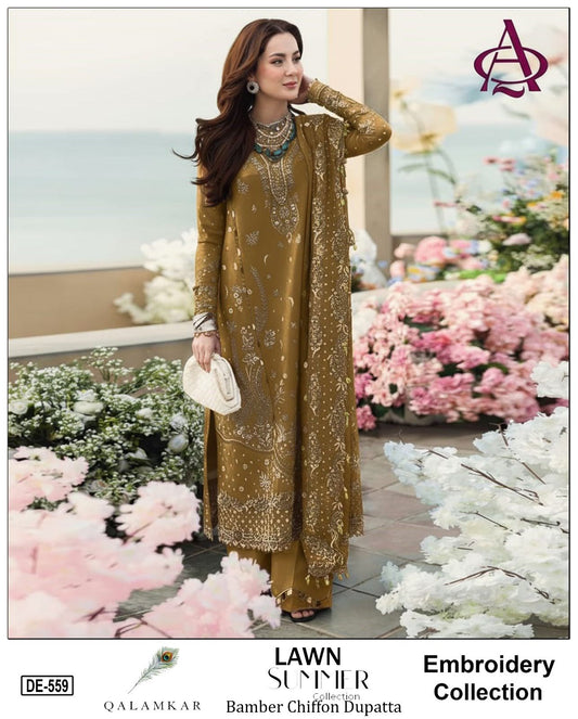 3 Piece - Embroidered Lawn Suit With Chiffon Dupatta