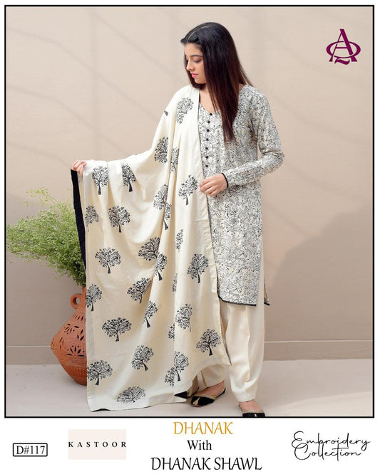 EMB 3PC Dhanak Unstitched Winter Dress With EMB Shawl - W114